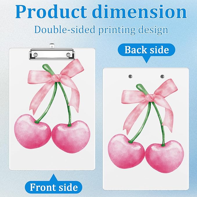 Pink Cherry Bow Clipboard Decorative Clip Board with Metal Clip A4 Standard Size 12.5" X 8.7" for Teacher Students Nurses Office