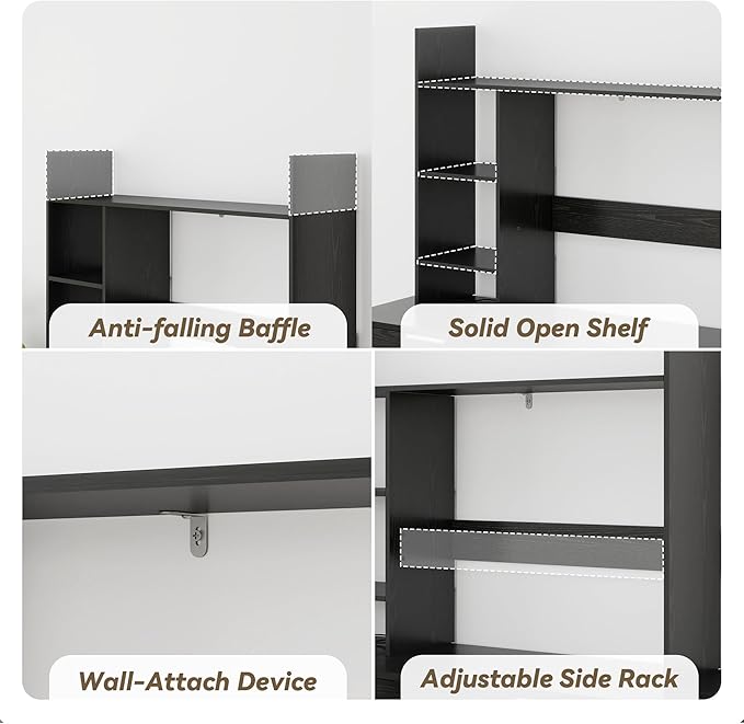 Desktop Bookshelf, Wood Desk Organizer Hutch with 3 Shelves for Computer Desk, 37.4'' Multipurpose Display Rack with Storage for College Dorm Office Home, Black