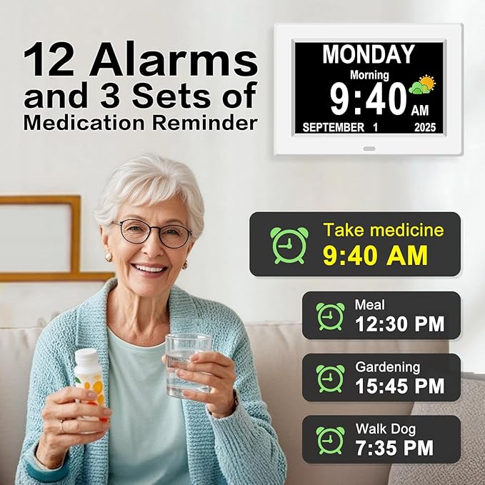 8‘’ Digital Calendar Day Clock, Gifts for People with Dementia Alzheimers, Large Display Alarms Clock for Seniors Electric Clocks with Date Day of Week 12 Alarms 4 Colors Auto DST/Dimmer