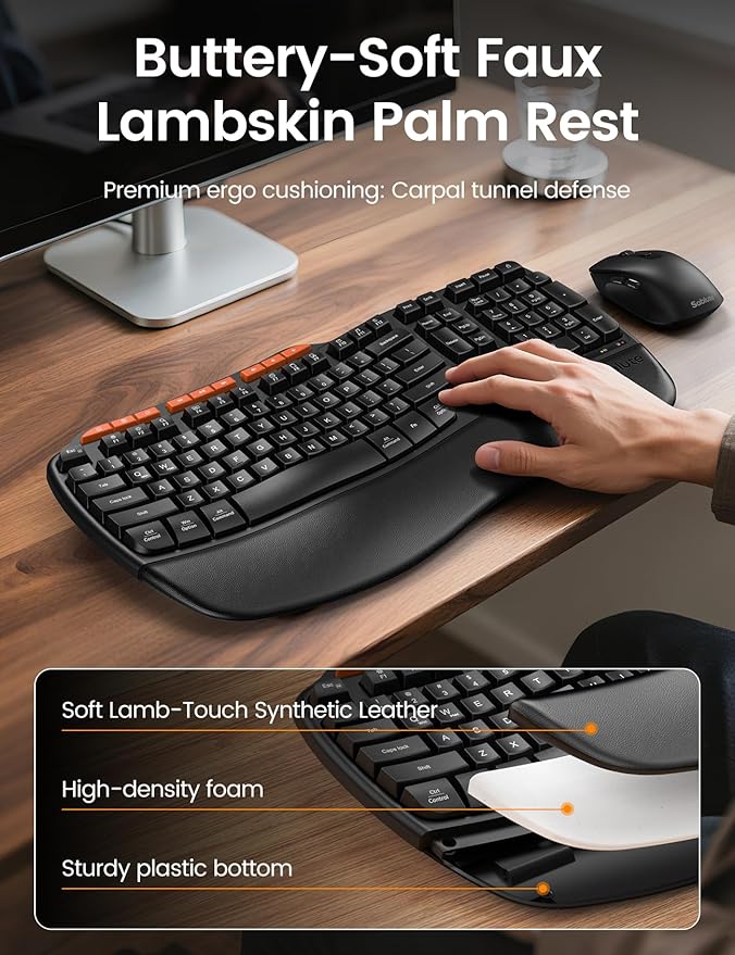 Ergonomic Wireless Keyboard and Mouse Combo, 2.4G Full Size Wave Key Board with Cushioned Palm Rest, Natural Typing, 3 DPI Adjustable Mouse, USB-A & C for Computer/Laptop/Mac/Tablet – Sablute