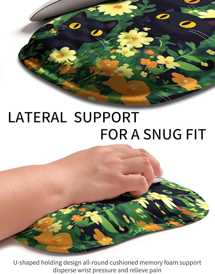 Hokafenle Ergonomic Wrist-Hugging Mouse Pad Wrist Support, U-Shaped Holding Wrist Rest Mousepad for Carpal Tunnel Pain Relief with Cushioned Memory Foam Slope Massage Bulge(10.2x8.3 in,Big Eyed Cat)
