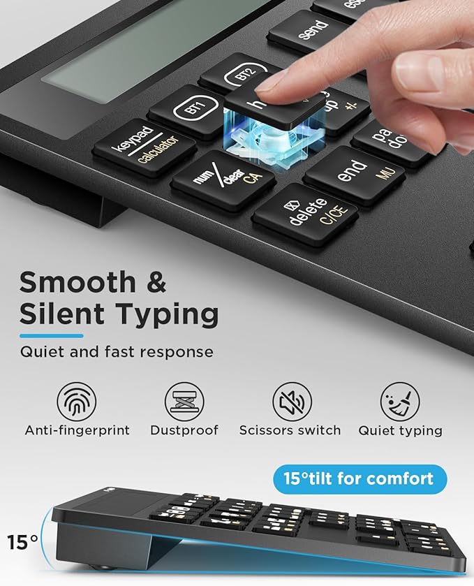 Rechargeable Wireless Number Pad for Laptop, 34 Keys Numeric Keypad with Dual Bluetooth & Display, 2-in-1 Numpad and Calculator, Slim Portable Number Pad Keyboard for Windows, Mac, PC, Tablet