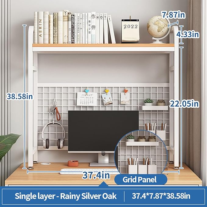 Desk Shelf Bookcase 1-Tier Metal Desktop Bookshelf Hutch with Grid Panel and DIY design possible Multipurpose Storage Organizer Display Rack for Dorm Office Home Computer Desk(White 37.4"×7.9"×38.6")