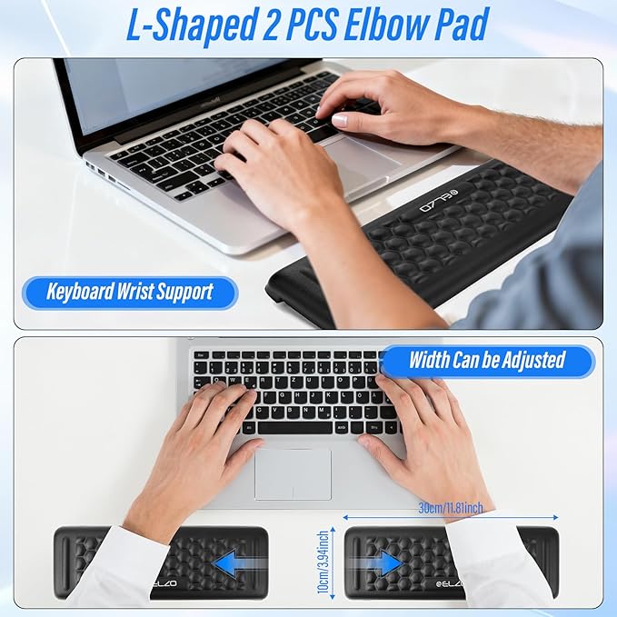 ELZO Desk Elbow Pads (2-Pack) L-Shaped Rest for Desk, Ergonomic Arm Rest Support, Memory Foam Desk Edge Cushion for Palm, Wrist & Forearm, Prevents Elbow & Wrist Strain