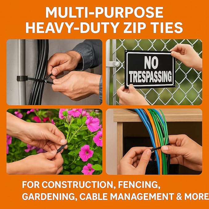 Zip Ties 10 inch (200 Pack), 120 lbs Tensile Strength. Ultra Heavy Duty, UV Resistant, Self-locking, Multi-Purpose Nylon Cable Ties, Black Wire Ties for Indoor, Outdoor, Home, Office Use by Nirah