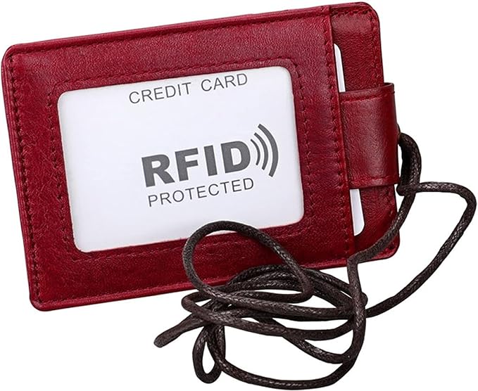 Aslana Genuine Leather ID Badge Holder with Lanyard, RFID Blocking Protection (A4- Red)