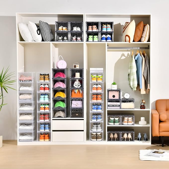 10 Pack Shoe Boxes Stackable,Upgraded Sturdy Storage Boxes with Clear Magnetic Door,Multifunctional Sneaker Organizer Fit up to US Size 12 (13.8”x 9.84”x 7.1”)