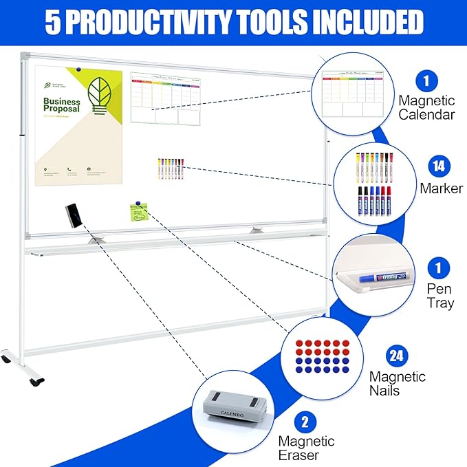 Double-Sided Magnetic White Board 96"x48" Dry Erase Whiteboard, Large Rolling White Boards on Wheels, 8' x 4' Whiteboard with Stand for Office, School, Home. Including Eraser, Marker, Magnet