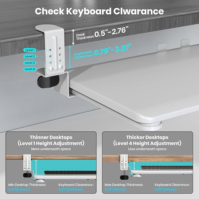 Keyboard Tray Under Desk, Pull Out Keyboard & Mouse Tray with Adjustable C-clamp, 25.6(31.5 Including Clamps) x 11.8 Inch Slide Out Computer Keyboard Drawer Mouse Tray for Typing,White