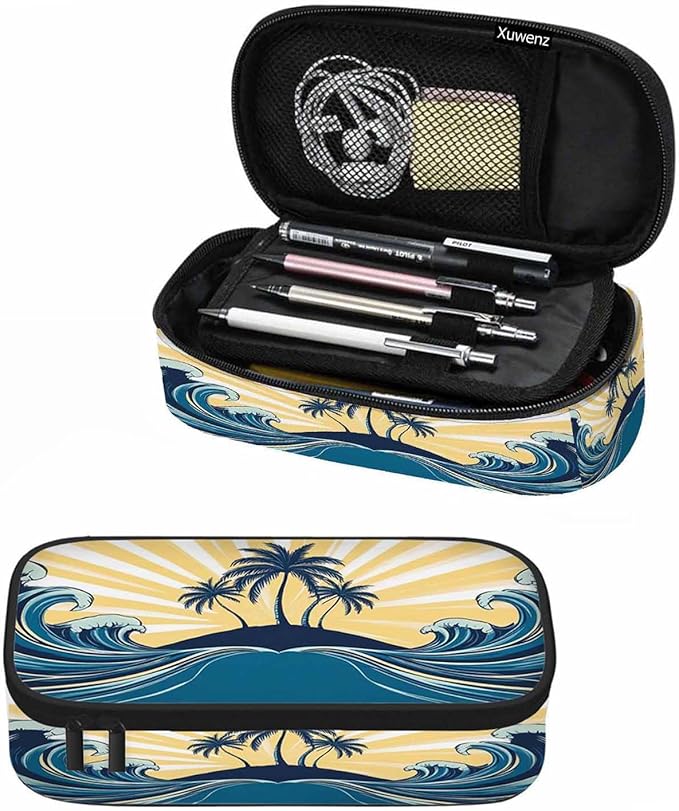Tropical Beach Pencil Case Organizer Palm Trees Sunlight Blue Stationery Box Makeup Box School Supply for Boy Girl Men Women