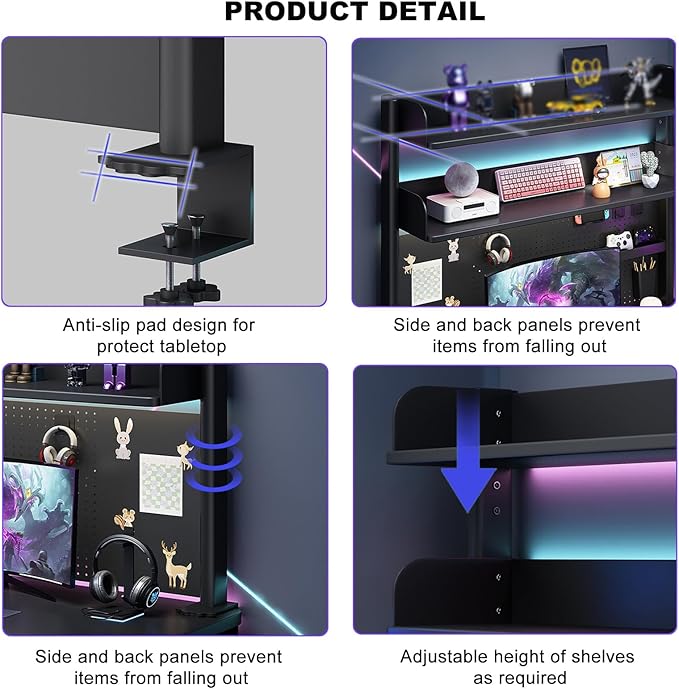 Clamp on Desk Shelf with Pegboard, Black Desktop Organizer Bookshelf Storage Shelves for Home Office Dorm Gaming Desk, Space Saving Tabletop Display Rack Organization, 31.5x37.5in