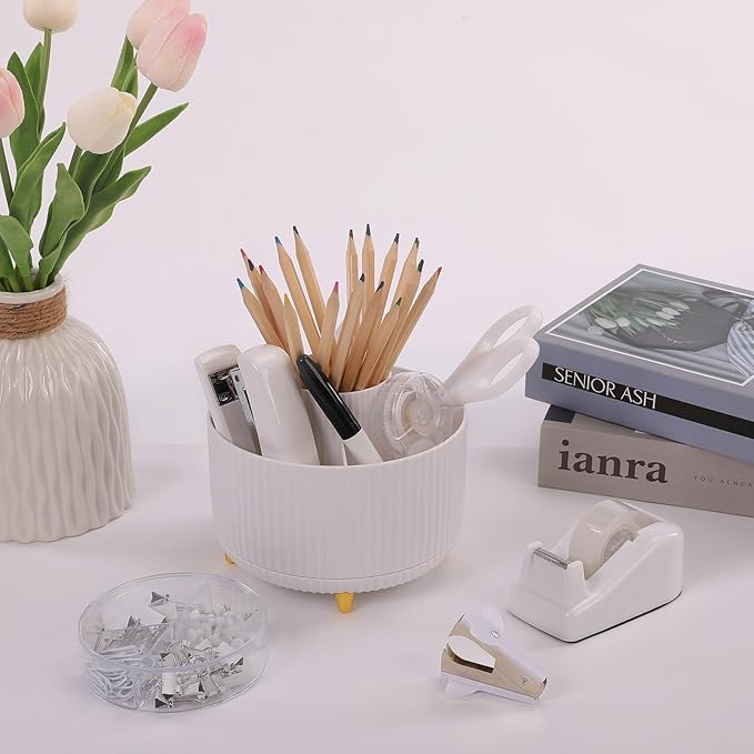 SKYDUE White Office Supplies Set, Office Desk Accessories 10PCS, Pencil Holder for Desk, Stapler, Tape Dispenser, Scissors, Ruler, Binder/Paper Clips and 1000pcs Staples,Desk Supplies Set