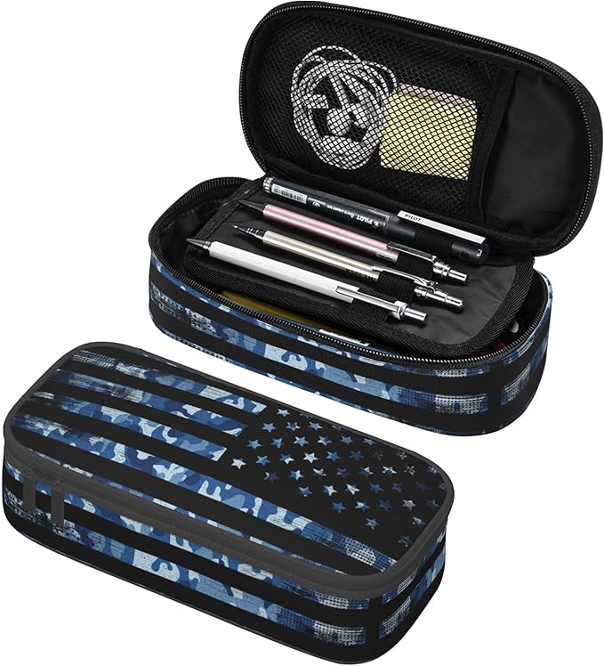American Flag Style Pencil Case for Kids Adults, Camo Pencil Box for Boys Girls, Blue Pencil Pouch Big Capacity Portable Stationery Storage Desk Pen Bag for School Office