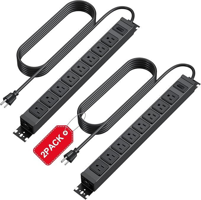 HHSOET 2 Pack Metal 360° Rotating Mountable Power Strip, 8 Outlet Gaming Table Mounted Outlet Strip, Heavy Duty Wall Mount Surge Protector with Switch, 15A 125V 1875W, 10ft Power Cord.(Black)
