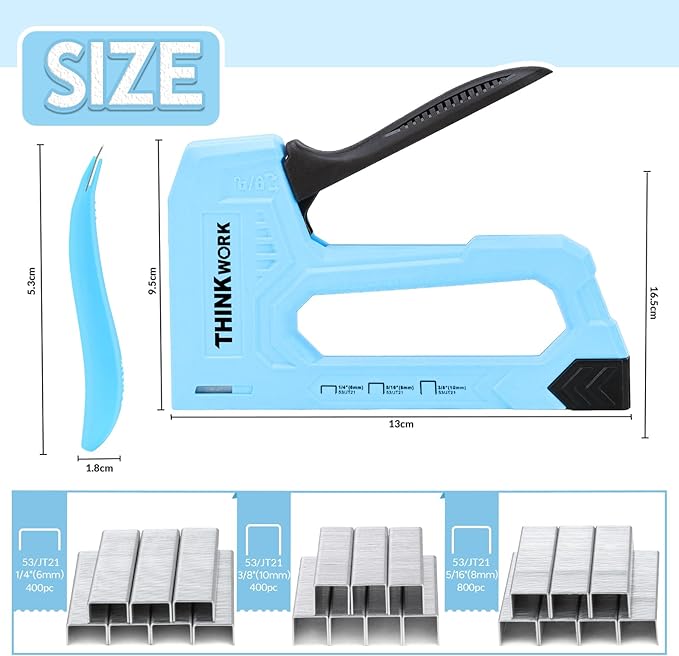 THINKWORK Light Duty Staple Gun - Upholstery Staple Gun for Wood with 1600pcs JT21 Staples 1/4", 5/16", 3/8" and Staple Remover, Fabric Stapler Gun for Crafts, Home Use, Wall, DIY, Lights Decora, Blue