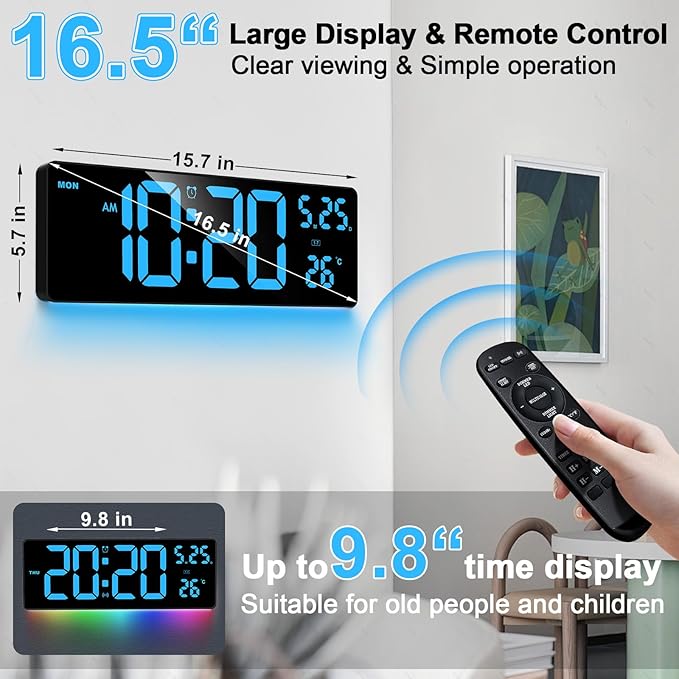 16.5" Digital Clock Large Display with Remote Control, 6-Color Night Light Digital Wall Clock with Dual Alarms, Temperature, Auto DST Large Digital Clock for Living Room, Bedroom, Desk, Mounted, Gift