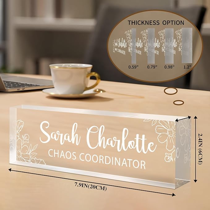 Custom Name Plate for Desk, Personalized Desk Name Plate on Clear Acrylic Glass, Appreciation Gifts for Teacher Employee Boss Coworkers Nurse, Office Desk Accessories for Women Men (Engraved Bloom)