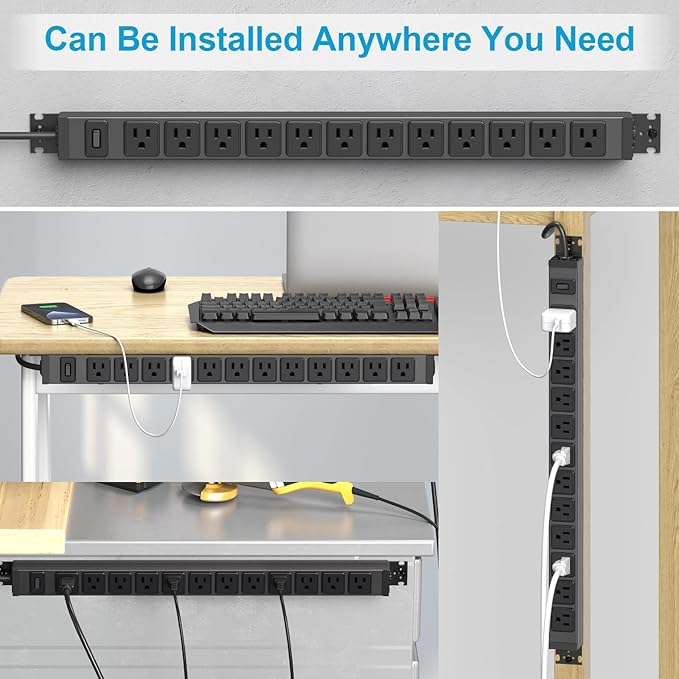 HHSOET 360° Rotating 12 Outlet Mountable Power Strip, Aluminum Alloy Long Power Strip Extension Cord, Heavy Duty Wall Mount Surge Protector with Switch, Works Great and Very Versatile,15ft Power Cord.