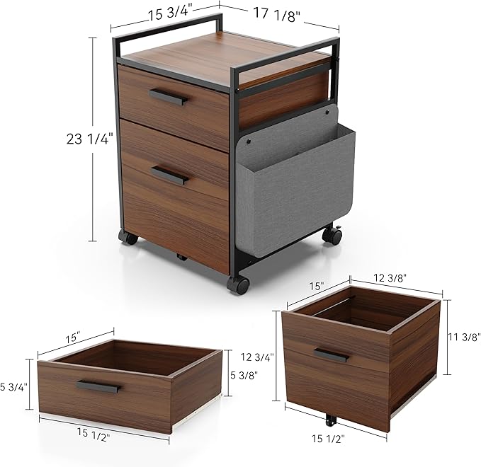 EUREKA ERGONOMIC 2-Drawer Mobile File Cabinet with Wheels, Solid Wood Rolling Storage Cabinet for Home Office, Space-Saving Under Desk Organization with Printer Stand, Walnut