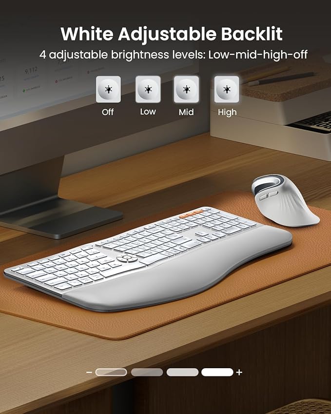 ProtoArc Backlit Bluetooth Ergonomic Keyboard, EK01 Plus Full Size Wireless Split Keyboard with Dual Bluetooth and USB, Cushioned Wrist Rest, Rechargeable, for Windows/Mac/Android, White and Silver
