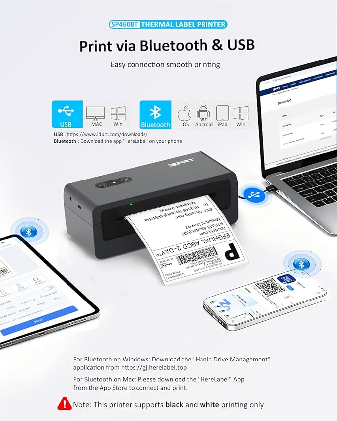 iDPRT Bluetooth Thermal Shipping Label Printer, 4x6 Wireless High-Speed Label Maker for Small Business, Compatible with Android, iPhone, Windows & Mac for Amazon, Ebay, Shopify, USPS, SP460BT