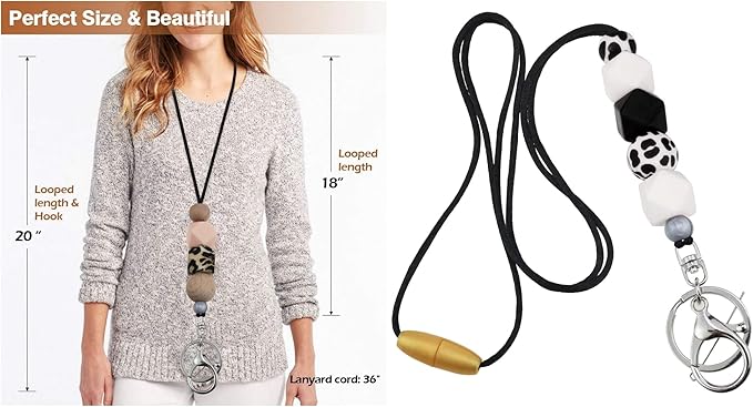 Aslana Genuine Leather ID Badge Card Holder with Lanyard RFID Blocking Protection (A12- Black / Beaded Lanyard)