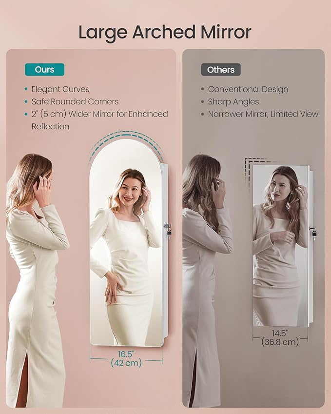 SONGMICS Wide Jewelry Organizer, LED Jewelry Cabinet Wall/Door Mounted, Arched Mirror with Storage, Lockable, Rounded Corner, Interior Mirror, 3.9 x 16.5 x 42.5 Inches, Cloud White UJJC020W01