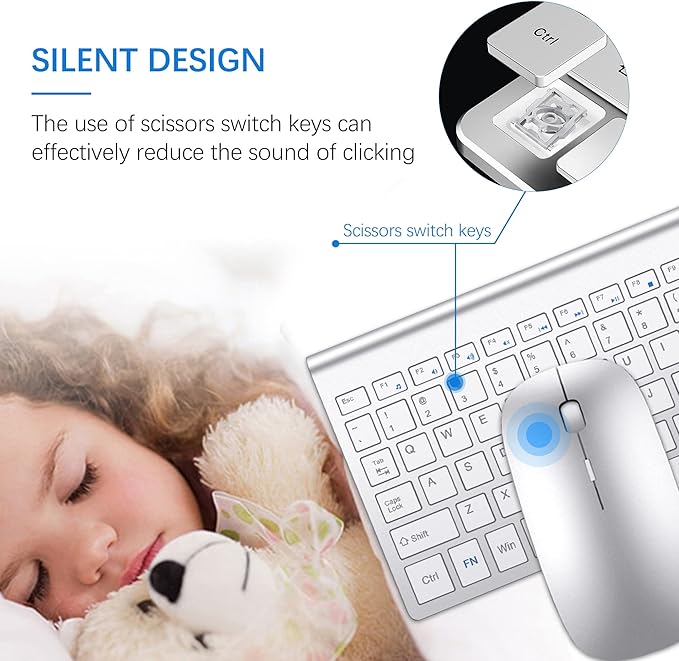 Wireless Keyboard and Mouse Ultra Slim Combo, TopMate 2.4G Silent Compact USB 2400DPI Mouse and Scissor Switch Keyboard Set with Cover, Batteries Included, for PC/Laptop/Windows/Mac - Silver White
