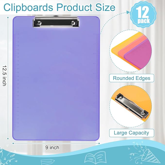Dovesail 12 Pack Plastic Clipboards A4 Letter Size, 12.5" x 9" Multi Color Clipboards Bulk, Hangable Clip Boards with Low Profile Metal Clip,Office Supplies Classroom