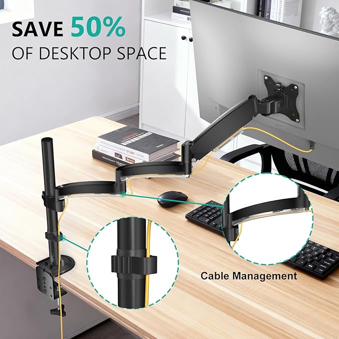 WALI Single Long Monitor Arm - 13 to 32 inch Computer Monitor Arm Desk Mount, Hold up to 19.8lbs, Extra Long Adjustable Stand, Full Motion Tall Arm, VESA 75/100mm, (GSDM001L)