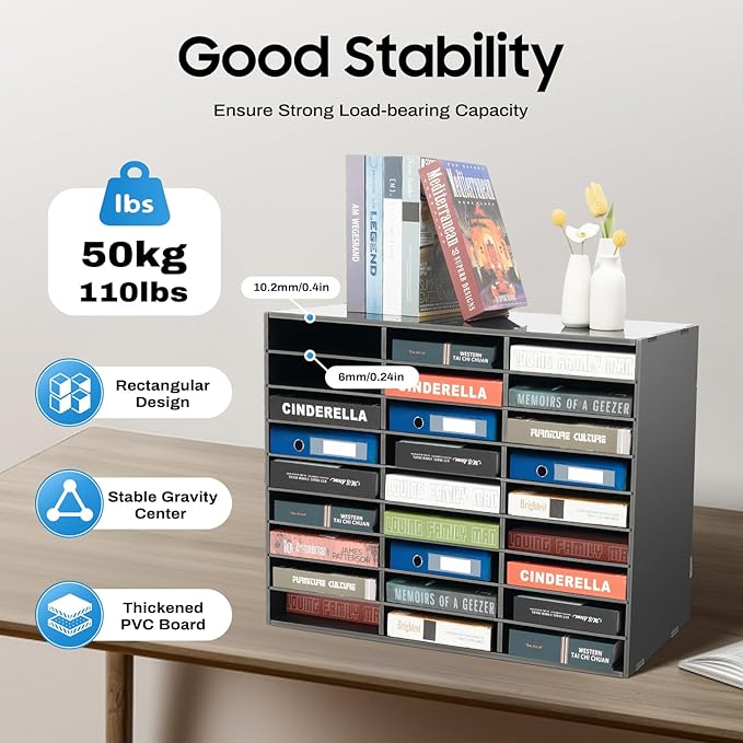 27 Slot Literature Organizer, Vertical Desktop File Sorter Mail Center with Thickened PVC Board, Vertical Paper Storage Cabinet for Classroom, Home & Office (27 Slots Black)