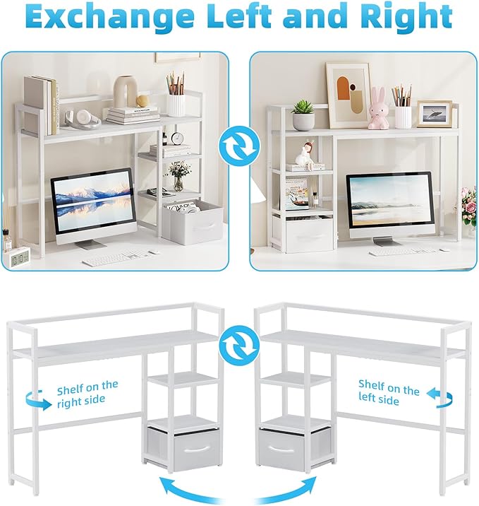 Marbrasse Desk Shelf with Drawer, 40" Desk Hutch for Computer Monitor, Desk Shelf for top of Desk, Wooden Desktop Bookshelf Storage Rack for Home Office Dorm - White
