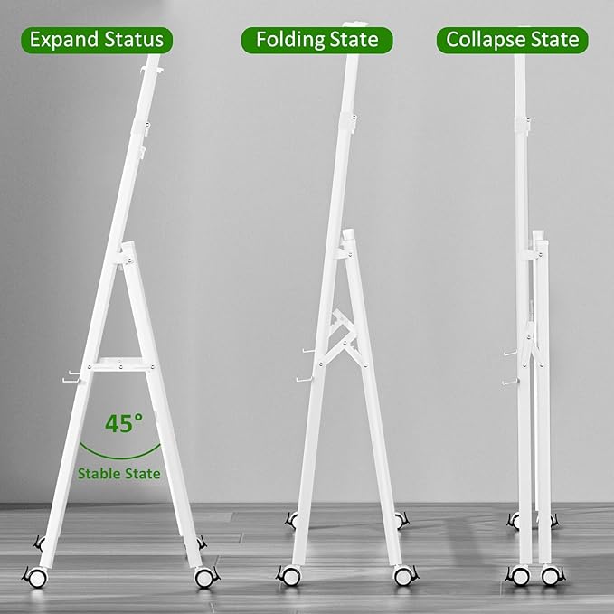 A-Frame Foldable Whiteboard Stand, Height and Width Adjustable, Mobile Stand with Wheels for All Heavy Duty Glass Blackboard, Chalkboard, Bulletin Board, Display Board, Drawing Board (White)