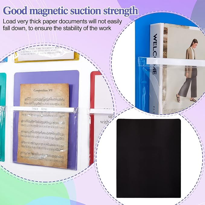Henoyso 10 Pcs Magnetic File Holder Paper Holder Magnetic Pen Dry Erase Marker Organizer Fridge Pocket Organizer for Whiteboard Refrigerator, 12 x 9.5 in (Assorted Colors)