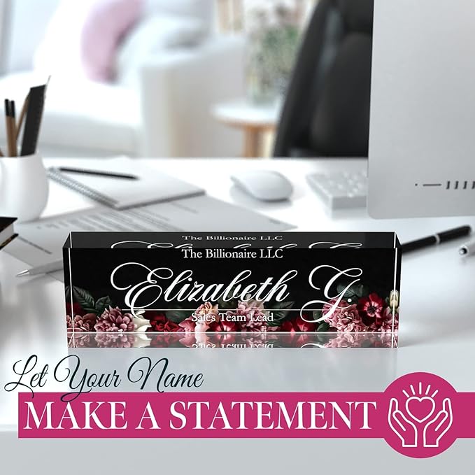 Desk Name Plate Personalized, Custom Name Plates, 2½/x8 Inches, Thick Crystal-Clear Acrylic, Gift Box, Office Desk Decor. USA Made by ACRYLUXE (Florist)