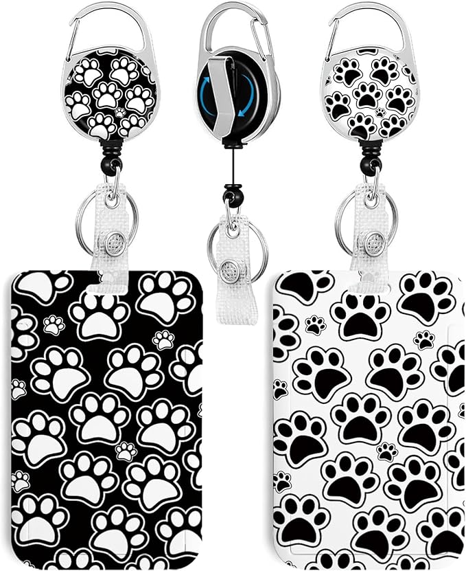 2 Pack Dog Paw Print ID Badge Holder with Heavy Duty Retractable Reel Keychain for WomenStudents,Teachers, Nurses, Office Use