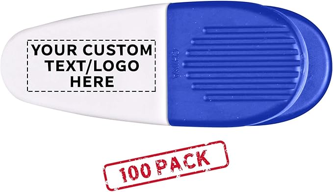 100 Magnetic Memo Holders Set - Customizable Text, Logo - Large Clip, Plastic - White Blue