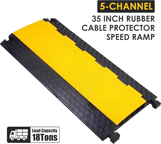 OrangeStar 2-Pack Rubber Cable Protector Ramp Heavy Duty 5-Channel Wire Cord Cover Ramps 18 Tons Load Capacity Traffic Speed Bumps for Driveway