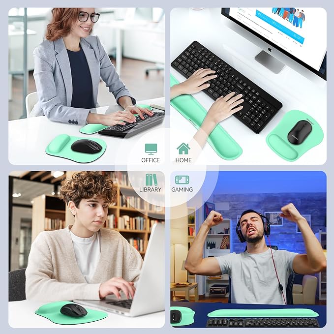 TECKNET Keyboard Wrist Rest and Mouse Pad with Wrist Support, Memory Foam Set for Computer/Laptop/Mac, Lightweight for Easy Typing & Pain Relief Ergonomic Mousepad (LT.Green)