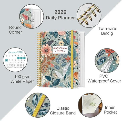 2026 Daily & Monthly Planner - One Page Per Day, Daily Planner from January 2026 - December 2026, Planner 2026 with 12 Monthly Tabs, 8.5" x 11", Flower-A