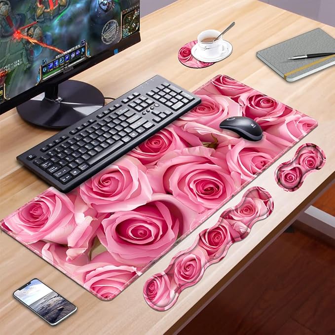 Ergonomic Keyboard Wrist Rest and Mouse Pad Wrist Rest Set, Large XXL Gaming Mousepad 31.5"x 11.8", Memory Foam, Easy Typing Pain Relief, Multifunctional Desk Mat for Office & Home, Pink Roses