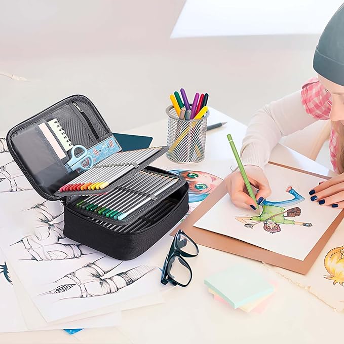 BTSKY® High Capacity Zipper Case- Multi-Functional for Stationery and Pencil, 72 Slots Colored Portable Bags With 2 Removable Sleeves(Black)