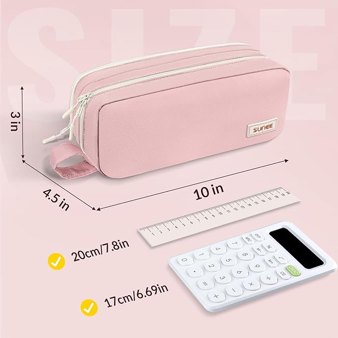 SUNEE Pencil Case, Large Capacity Pencil Pouch, Aesthetic Pen Bag Office Stationery Organizer Simple Sturdy Multifunctional for Teen Girls Women Men, Pink