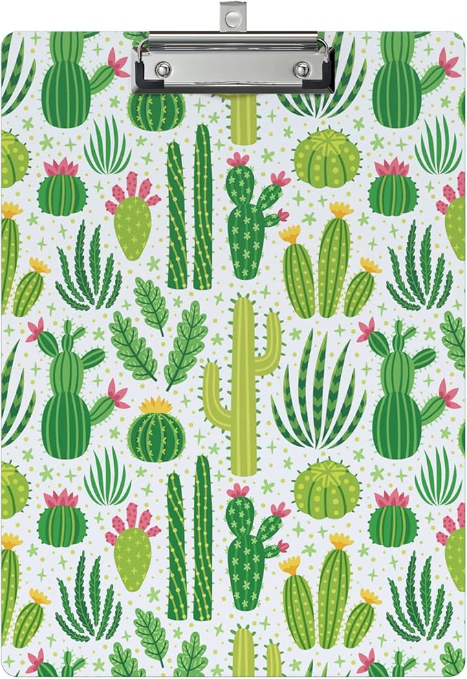Clipboard Design Decorative Wood A4 Letter Size Clip Boards for Classroom Office, Standard Size 9" x 12.5" with Low Profile Metal Clip - Cactus