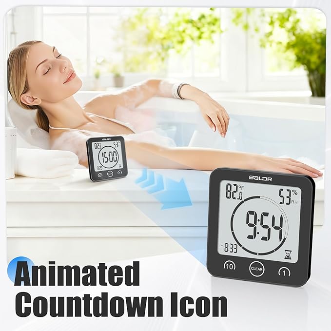 Baldr Shower Clock Waterproof Bathroom Clock with Timer/Temperature/Humidity, Digital Timers for Kids and Adults, Bath Kitchen Study, Black