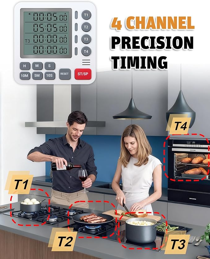 Digital Kitchen Timer - 4-Channel Cooking Timer with Alarm, Magnetic Back, Loud & Silent Modes, Count Up/Down, Ideal for ovens, Seniors, Kids and classrooms, Replaceable AAA Battery