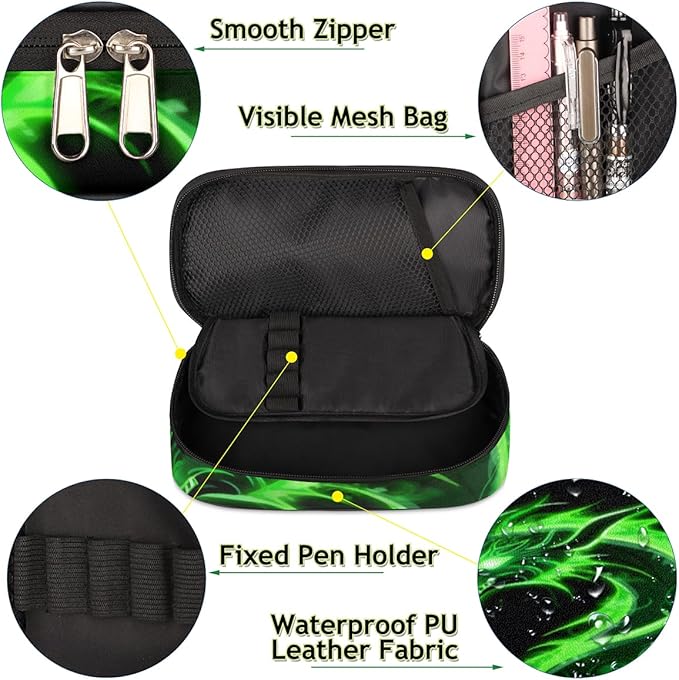 Pardick Pencil Case for Girls Boys Green Dragon Pencil Pouch Kids Teen Pencil Bags with Zipper PU Leather Pencil Organizer School Pencil Box Marker Case Organizer