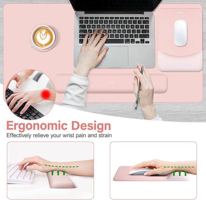 MOSISO Keyboard Mouse Pad Set, Large Gaming Mouse Pad&Rectangular Keyboard Wrist Rest&Mousepad with Wrist Rest&Coaster, Ergonomic Non-Slip&Easy Typing Pad with Curved Silicone Lining, Baby Pink
