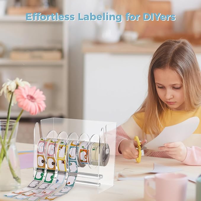 Clear Label Roll Holder, Transparent Acrylic Tape Dispenser, Adjustable Desktop Sticker Roll Holder for Office and Home, Adjustable Sticker Roll Holder with 5 Removable Divider Disks