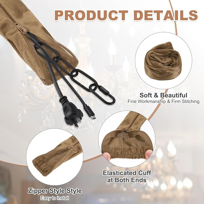 PATIKIL 2.6ft Chandelier Chain Cord Cover, 2 Pcs Velvet Cloth Fabric Chain Sleeve Decorative Cord Covers for Chandelier Wires Swing Cable, Zipper Style, Light Coffee